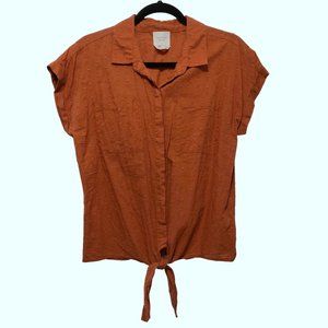 Harper Heritage Burnt Orange Swiss Dots Collared Button Down Short Sleeve Top L
